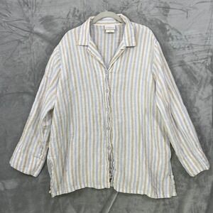 Linda Lundstrom Linen Shirt Womens Size 20 Beige‎ Blue Striped Button Up Canada